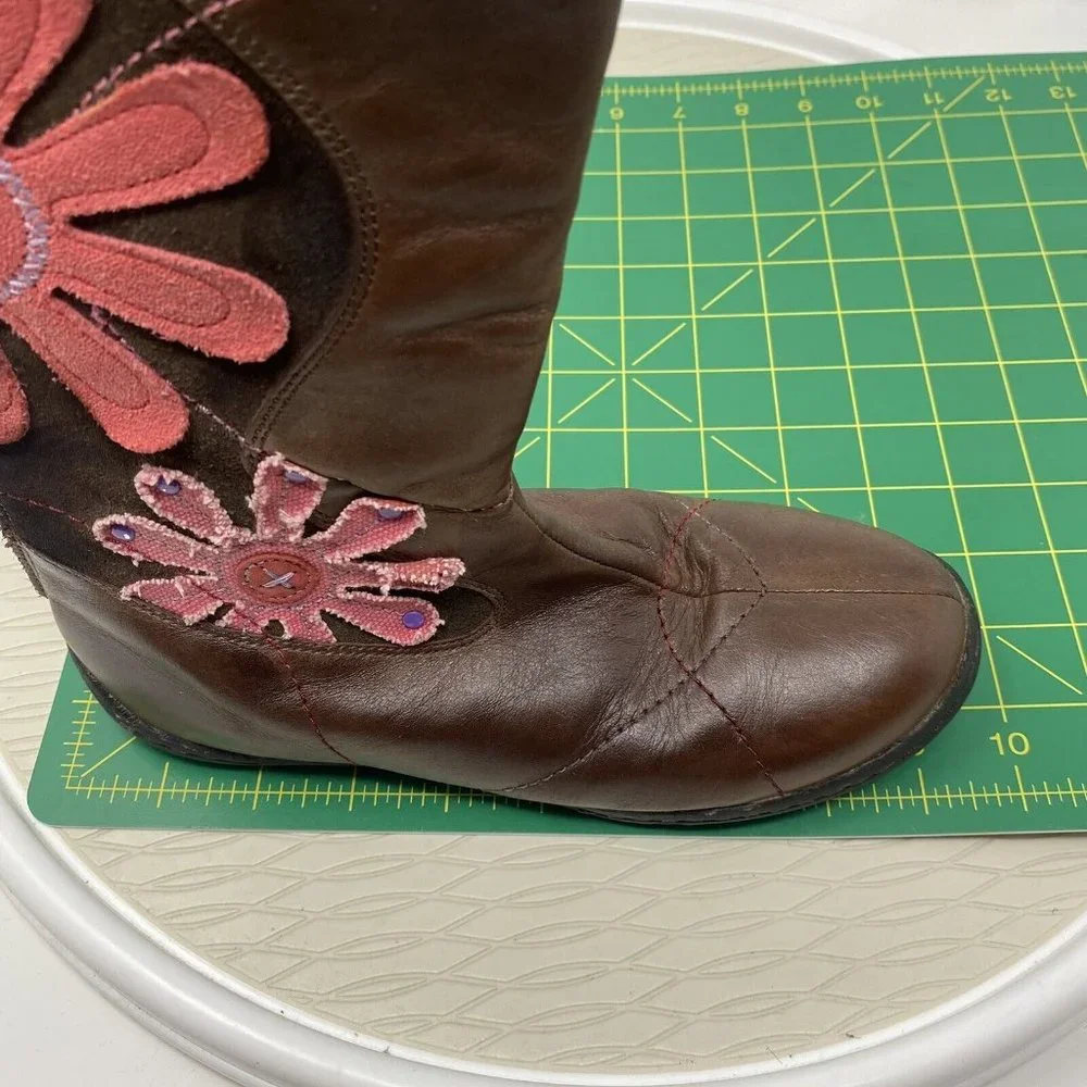 Umi Girls Flower Boots Size 2 Big Kid 34 Brown Leather Suede Zipper Tall Artsy